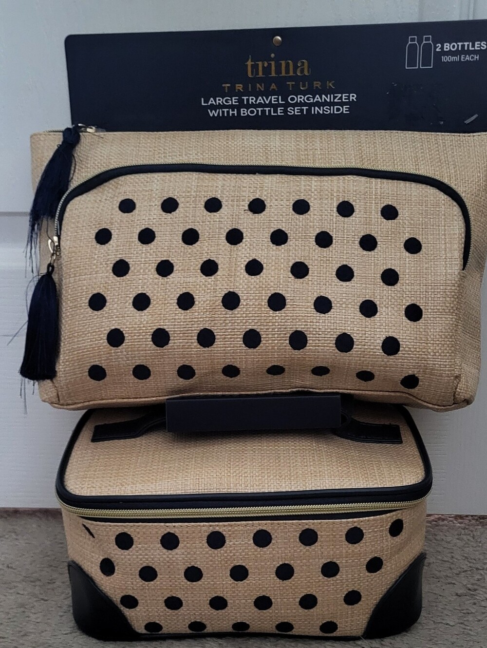 Trina Turk Beige Straw Travel OrganizeBags with Blue Polka Dots and Gold Zip